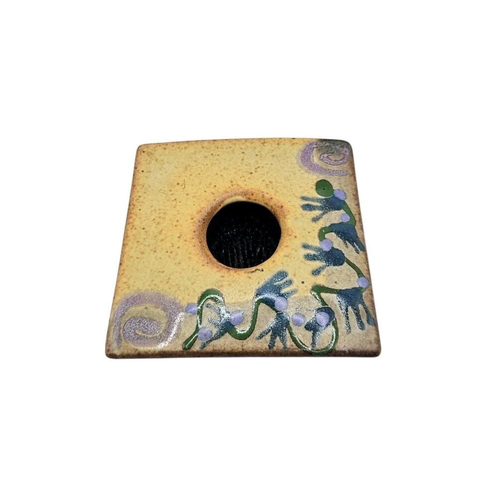 Vintage Studio Pottery 4 Inch Square Abstract Design Metal Prongs Flower Frog